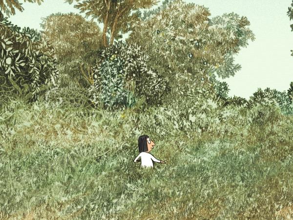Illustration d'une personnages marchant dans des hautes herbes entourés d'arbres.