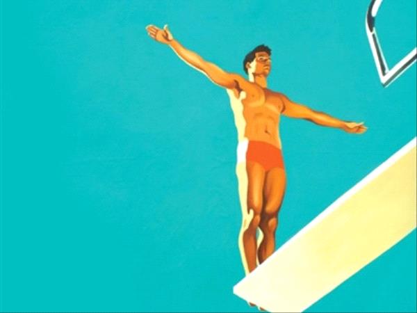 Dessin d'un homme positionné sur un plongeoir, vue en contre-plongé. Il est dos au vide, les bras tendus et s'apprête à sauter