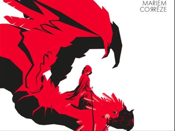 Illustration d'un personnage encapuchonné chevauchant une créature volante, le dessin est rouge et noir sur fond blanc