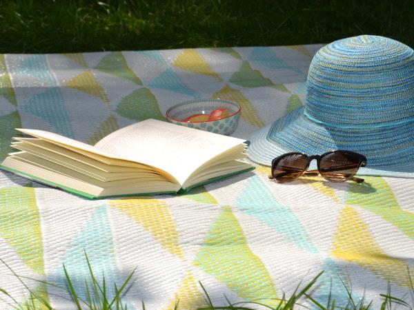 Photographie d'un livre ouvert posé sur une nappe de pic-nic dans l'herbe, il y a aussi un chapeau, des lunettes de soleil et un bol de fraises